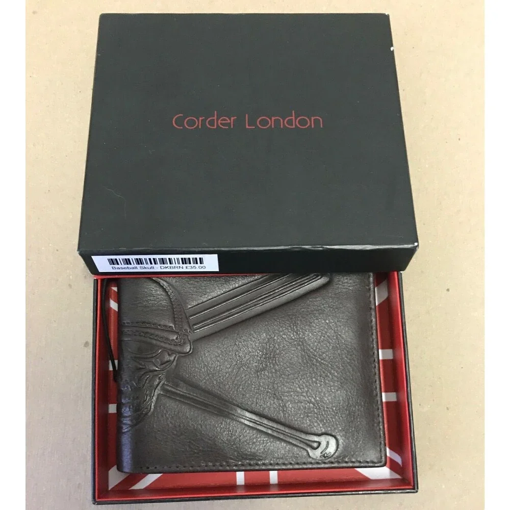 Corder London Baseball Skull Dark Brown Leather Slim Bifold Wallet